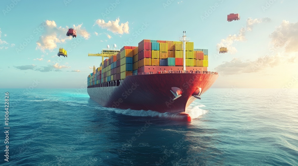 Poster massive freight ship transporting colorful containers across the ocean, emphasizing global export-im