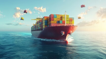 Massive freight ship transporting colorful containers across the ocean, emphasizing global export-import services. No logos.