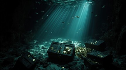 Ancient treasure chests filled with gold coins lie on the seabed, illuminated by ethereal beams of sunlight, creating a mysterious underwater scene full of wonder.