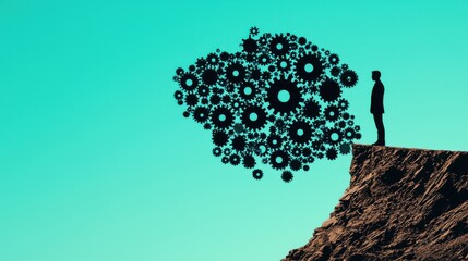 A human silhouette standing on one side of a gap with scattered, incomplete gears in the middle, reaching towards a fully formed gear across the divide, signifying skill gap analysis