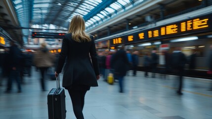 A businesswoman hurriedly moves through a crowded train station, pulling her suitcase behind her while commuters bustle around and departure boards flash in the background