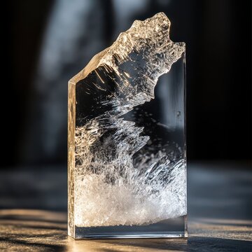 A unique crystal sculpture with a textured surface, showcasing intricate patterns against a soft, blurred background.