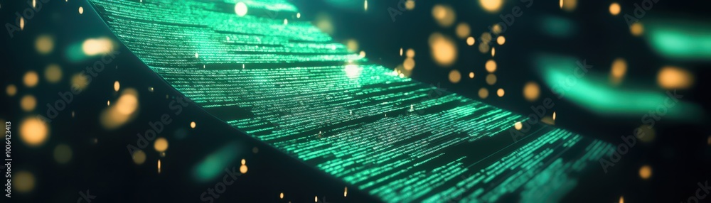 Poster abstract digital background with swirling green light and sparkling particles, creating a futuristic