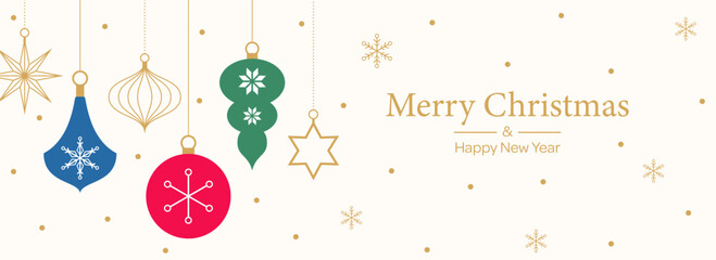 Naklejka premium Merry Christmas background in simple flat design. Trendy minimalist banner with vintage tree decorations. Vector illustration.