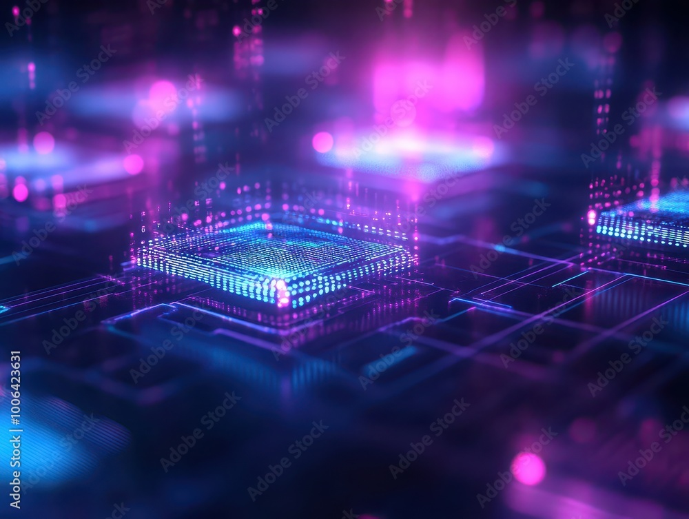 Poster abstract digital technology background with glowing circuit and microchips.