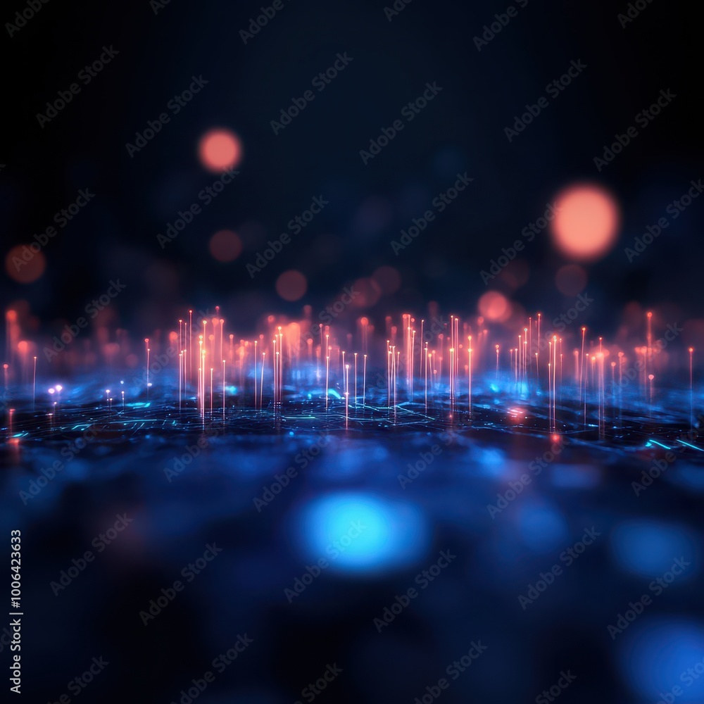 Poster abstract digital landscape with glowing nodes and particles in blue and red tones on a dark backgrou
