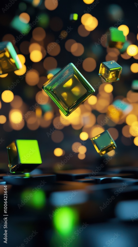 Poster abstract floating green cubes with glowing bokeh lights in a dark background, creating a vibrant dig