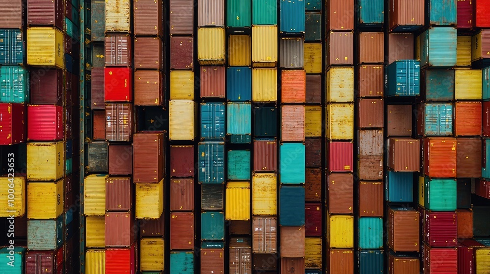 Poster rows of containers on a massive ship sailing internationally, emphasizing global trade and logistics