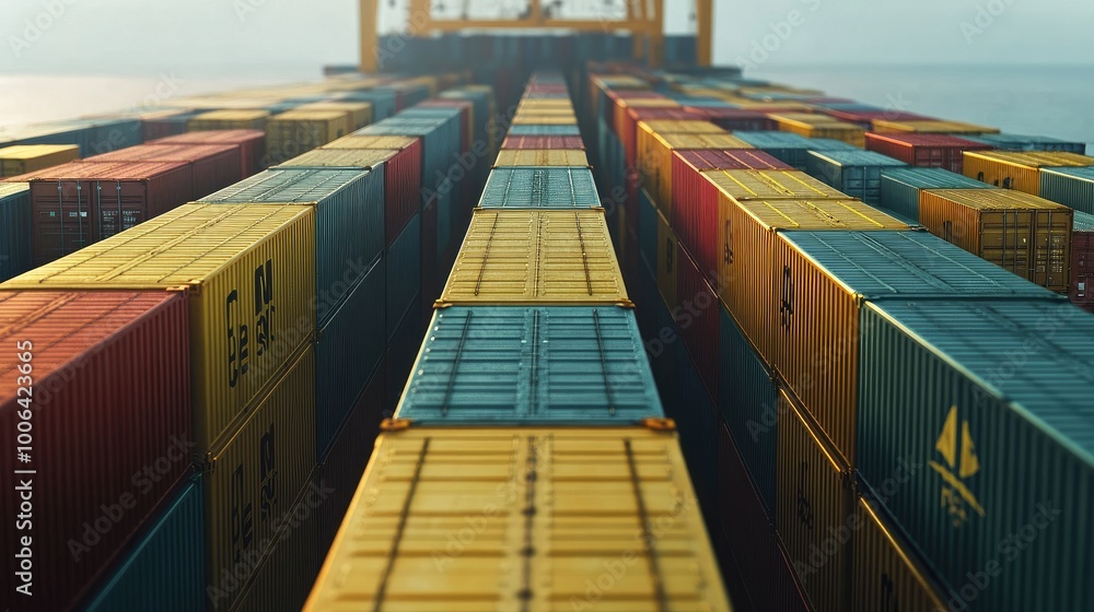 Poster rows of containers on a massive ship sailing internationally, emphasizing global trade and logistics