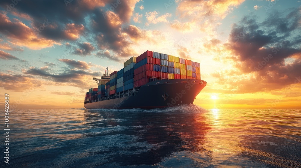 Poster shipping vessel stacked with freight containers, representing worldwide export-import processes on i