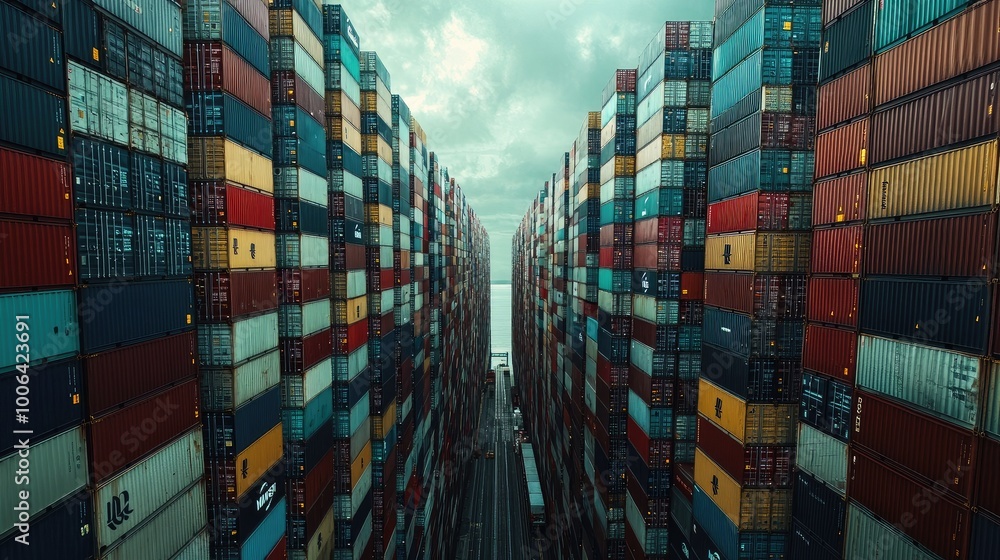 Poster rows of containers on a massive ship sailing internationally, emphasizing global trade and logistics