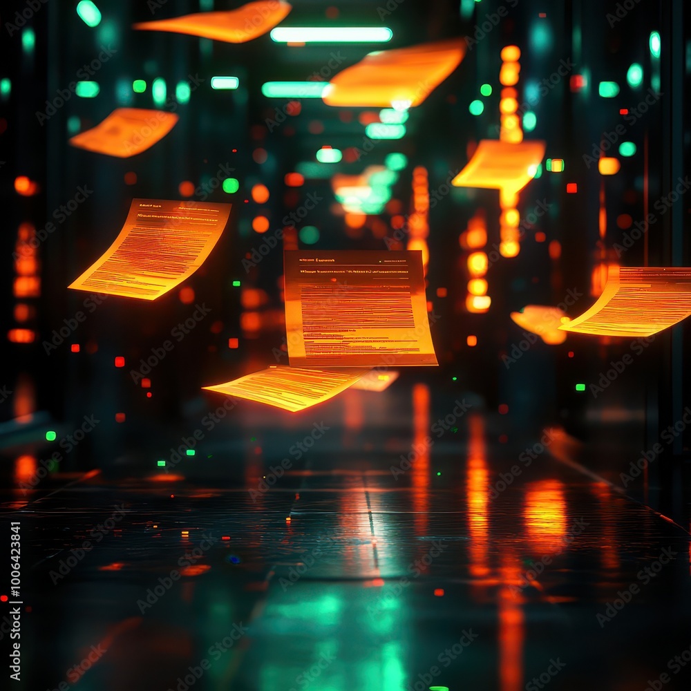 Poster abstract tech scene with floating digital documents in a futuristic environment and vibrant neon lig