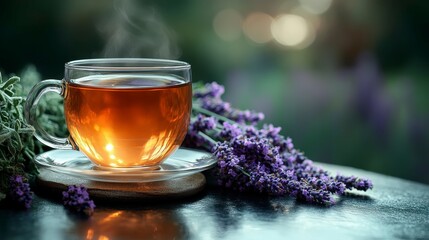 A steaming cup of tea beside fresh lavender flowers, creating a calming atmosphere.