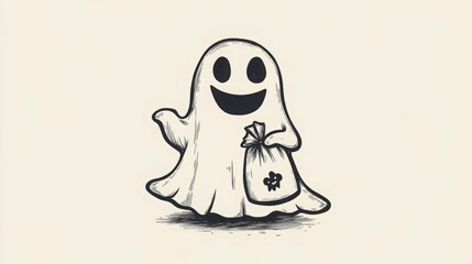 A friendly ghost with a big smile carries a bag of treats.