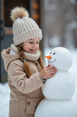 A young child, bundled in a cozy winter coat and hat, beams with delight while playing with a cute snowman with an orange carrot nose in a snowy backyard.