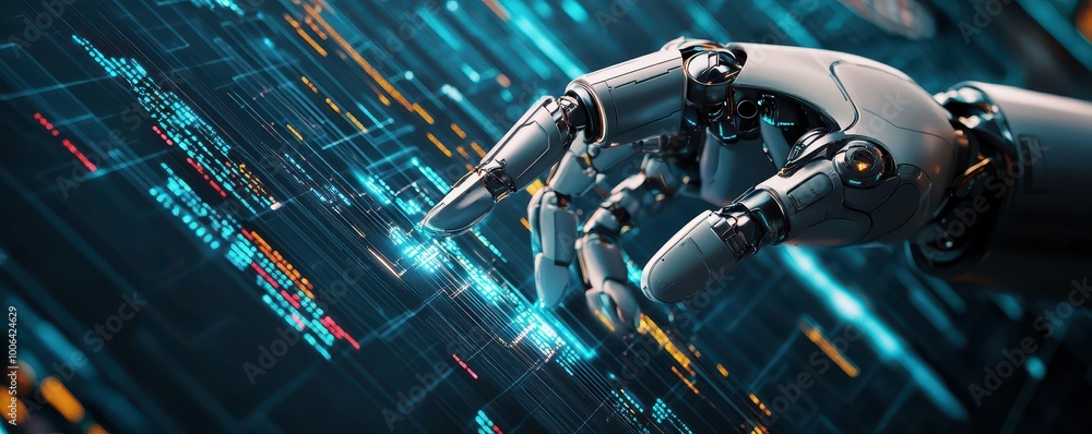 Poster close-up of a robotic hand interacting with digital data on a screen, technological innovation conce