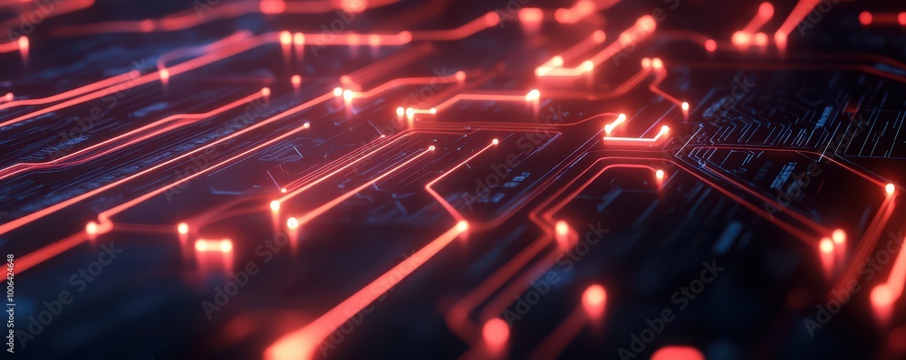 Poster close-up of glowing circuit board with red lines on a dark background.