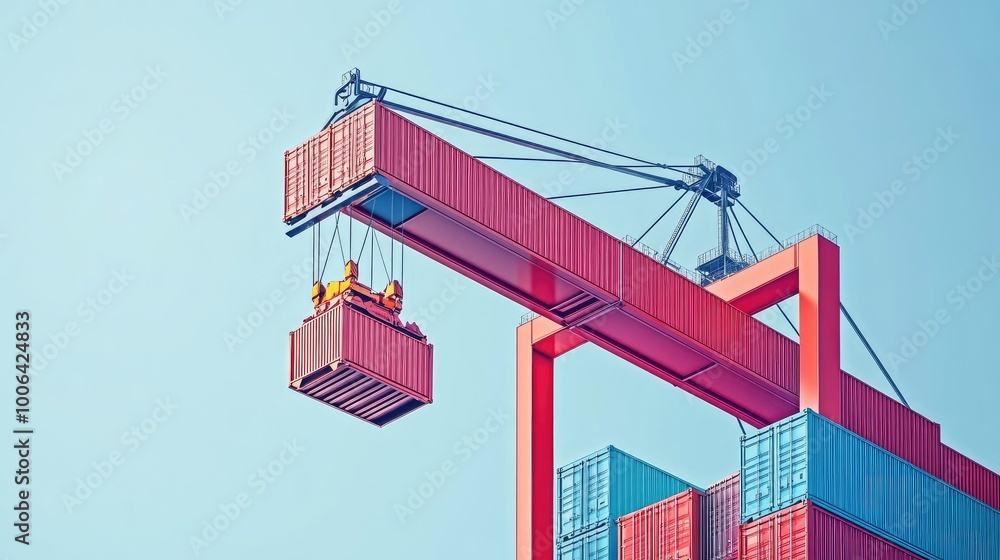 Poster vector image of an industrial crane lifting several containers for export-import operations. freight