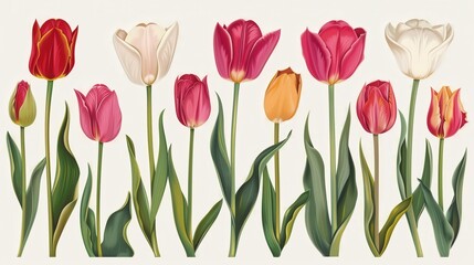 Obraz premium Tulip vibrant blooms in various poses, filling a clean white backdrop, ideal for digital design projects or floral-themed artwork.