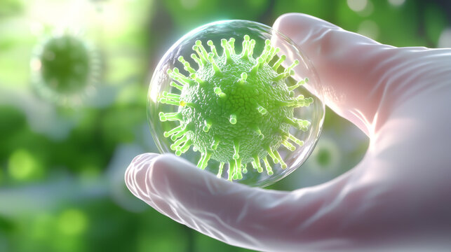 Close-up of a person holding a green virus model in a laboratory, symbolizing health research and scientific exploration. - Powered by Adobe