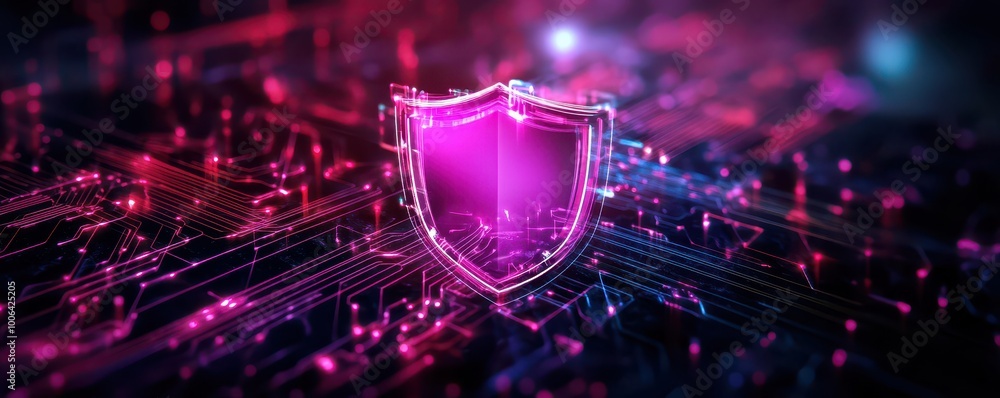 Poster digital shield symbol on a vibrant network background representing cybersecurity.