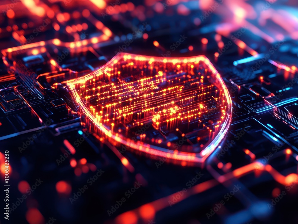 Poster digital shield symbolizing cybersecurity, futuristic design with glowing elements on a circuit board