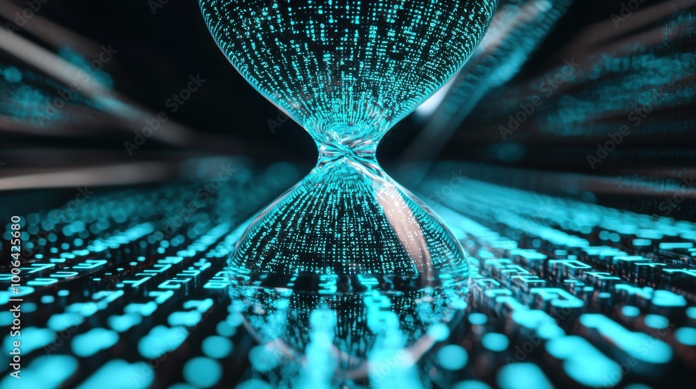 Poster a large hourglass with glowing digital numbers inside, representing the countdown toward a project d