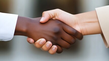 Close-up of diverse handshake between business professionals, unity and partnership, contrasting skin tones