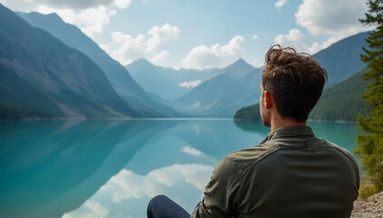 Fototapeta premium A person sits by a tranquil mountain lake, reflecting on nature’s serenity. The clear water mirrors the surrounding mountains and sky, creating a peaceful and contemplative scene. AI Generative