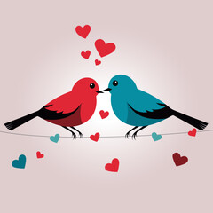 Couple in love. Birds in love with hearts. Valentine's day illustration, wedding card. Love theme