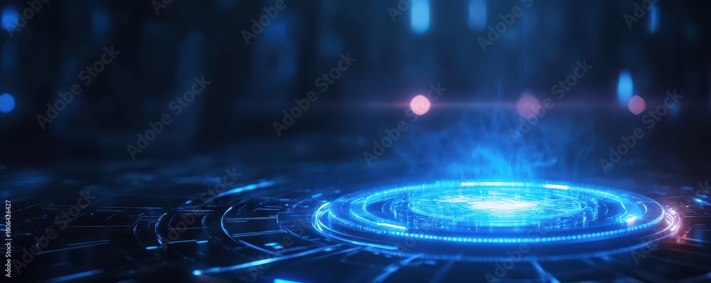 Poster futuristic digital interface with glowing blue lights and circular patterns, abstract technology bac