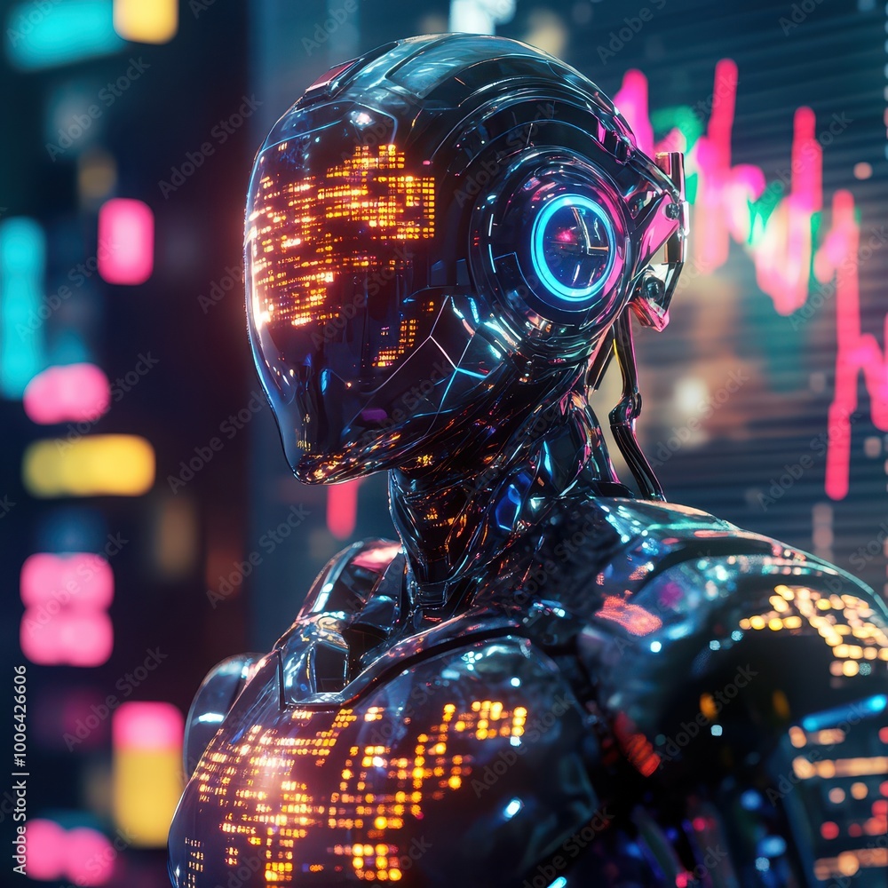 Poster futuristic humanoid robot with digital features, glowing lights, and data visualization in the backg