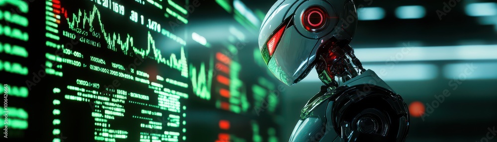 Poster futuristic robot analyzing data on screen, high-tech environment, digital innovation.