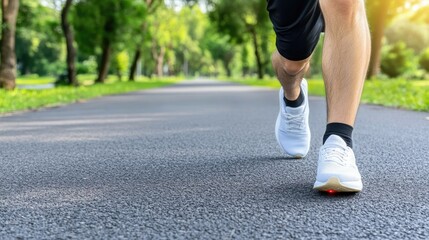 A runner faces discomfort in his ankle while exercising on a park road, highlighted by red light near the injured ankle. The close-up captures determination amid pain