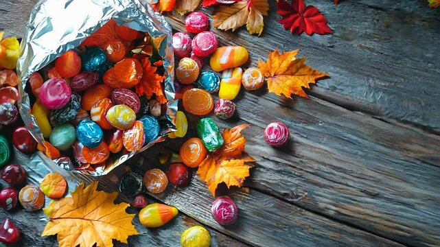 Colorful Halloween Candy Spilled on Rustic Wooden Table with Autumn Leaves