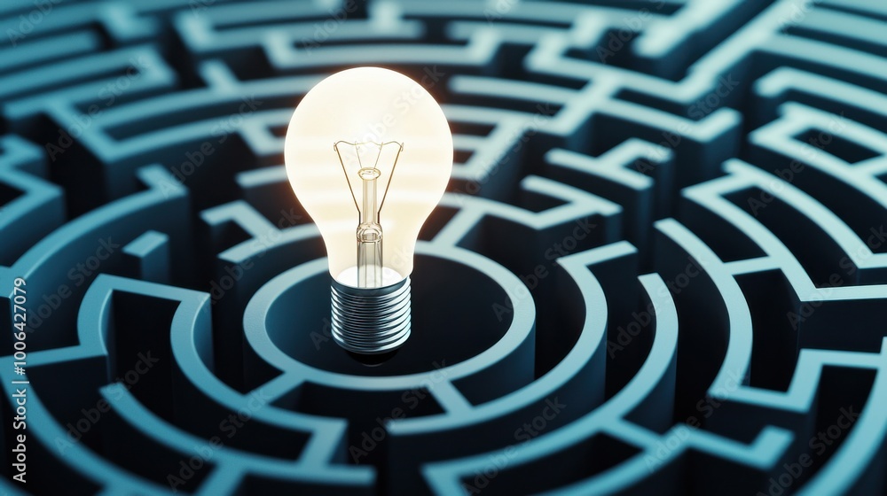 Poster a lightbulb at the center of an abstract maze, problem-solving and innovation as key aspects of prof