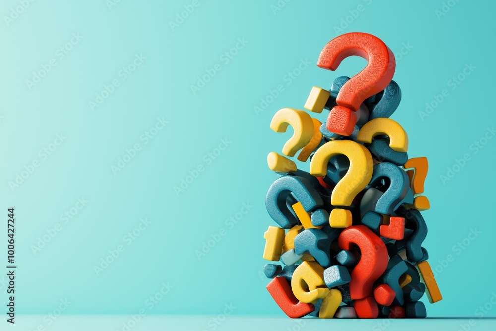 Poster a stack of colorful questions with a blue background. the questions are piled on top of each other, 