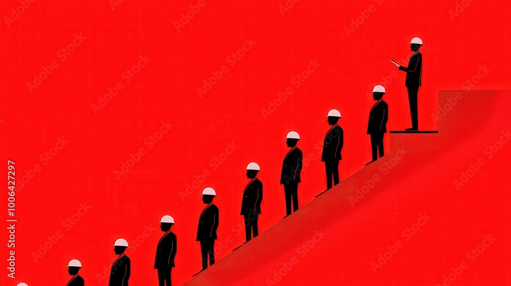 Poster a line of workers marching in sync, directed by a manager standing on a podium, controlling each pre