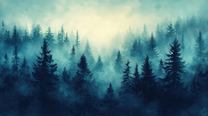 Fototapeta premium A misty morning forest scene with tall trees shrouded in fog, creating serene and tranquil atmosphere. soft hues of blue and green evoke sense of calm and mystery