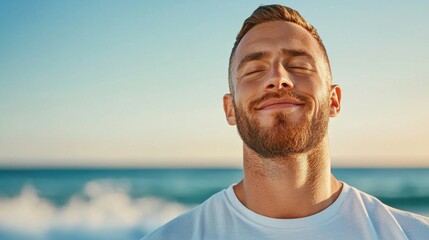 A man practices mindful breathing on a beach, taking deep, slow breaths as the waves crash softly nearby. His calm expression reflects inner peace and positive energy