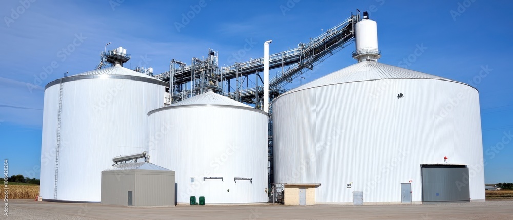 Wall mural a modern grain storage facility with large silos, featuring smooth white exteriors and a clear blue 