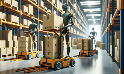 Fototapeta premium Futuristisches Logistik Konzept, Roboter arbeiten in einem, Warenlager und bewegen Kartons