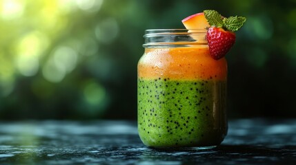 A vibrant layered smoothie in a jar, showcasing fresh fruit and healthy ingredients.