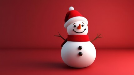 A snowman with a red scarf and a red hat is smiling
