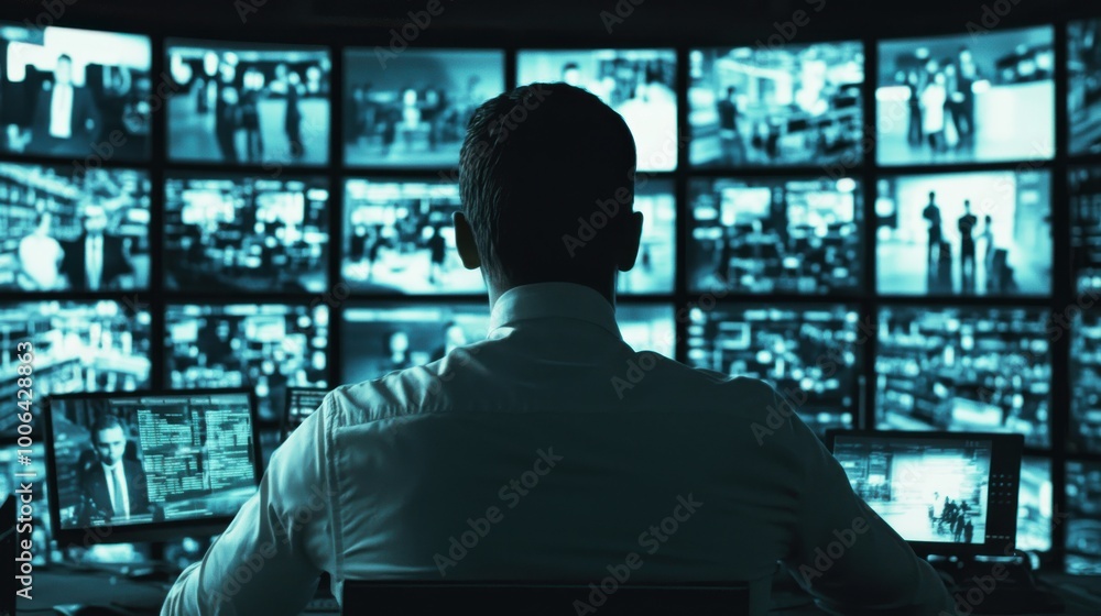 Aufkleber a manager surrounded by computer screens displaying the actions of every employee, watching intently