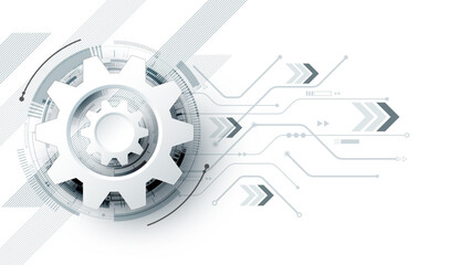 white_gear2_finalAbstract 3D gear with digital circuits and arrows on a white background and copy space. Futuristic technology concept for mechanical engineering and innovation design.