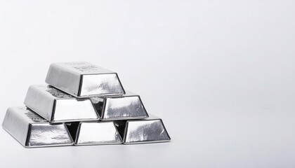 Stack of silver bullion bars. The flat, rectangular shape of silver bars makes them ideal for storage in a home safe, a safe deposit box at a bank. Isolated on white background with copy space