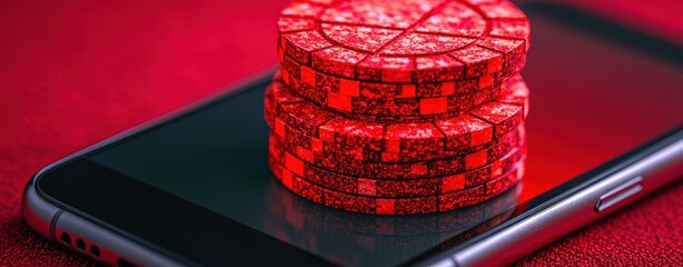 Naklejka premium Close-up of red casino chips stacked on a smartphone, representing online gambling and mobile gaming, captured with vibrant lighting.