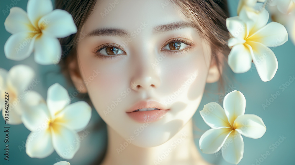Aufkleber 美肌の若くて可愛いアジア人女性の美容ポートレート。ピンク色の綺麗なバラに囲まれたビューティーショット。