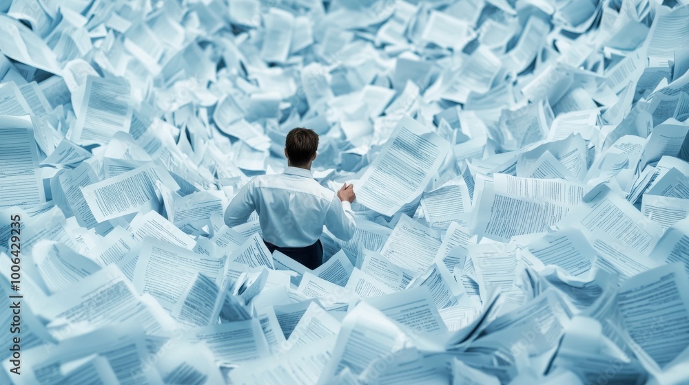 Poster a maze filled with documents and to-do lists, with a worker struggling to find their way out. the co